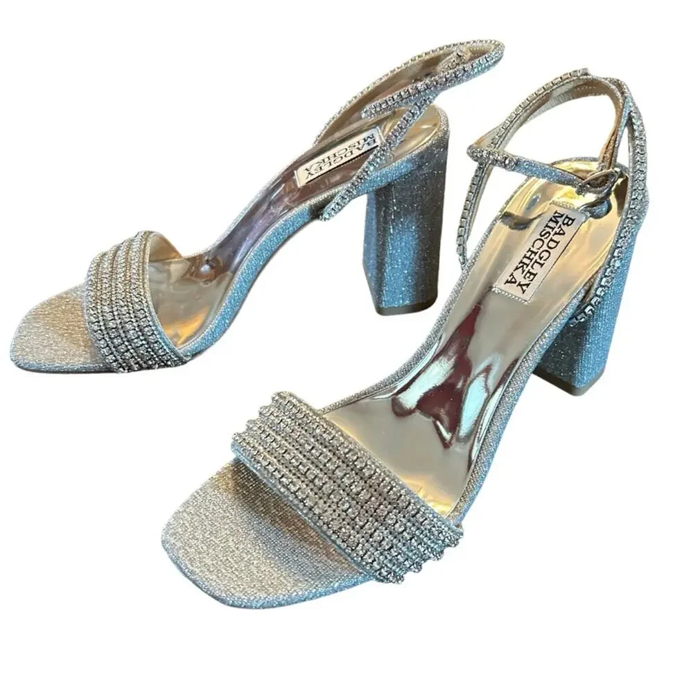 Badgley Mischka Becca Strappy Block Heels Silver Metallic Rhinestone NEW Size 7